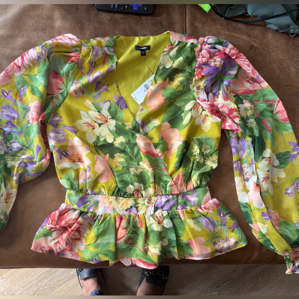 Express Floral Wrap Blouse - Yellow and Green